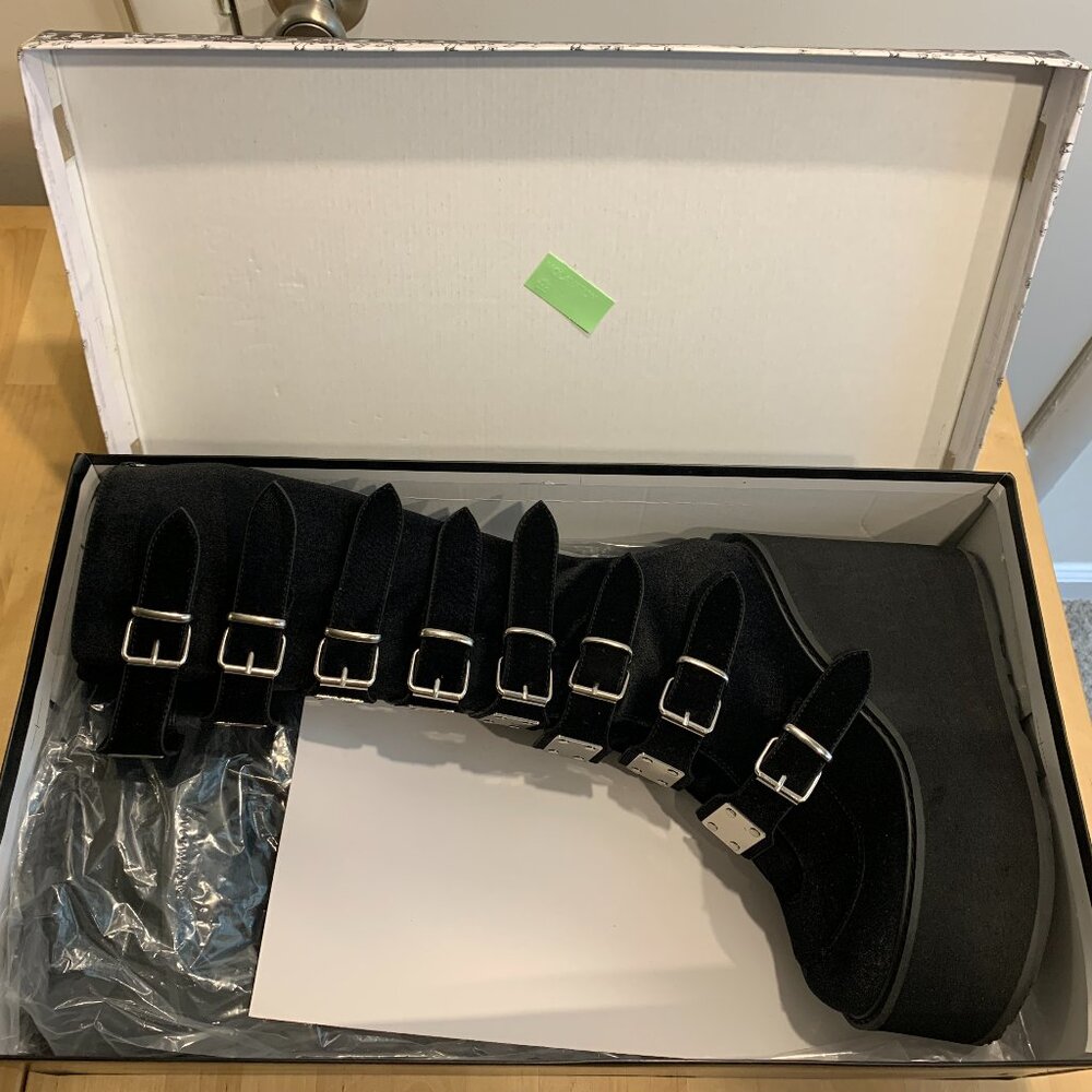 Demonia Swing-815 black velvet knee-high, platform boots